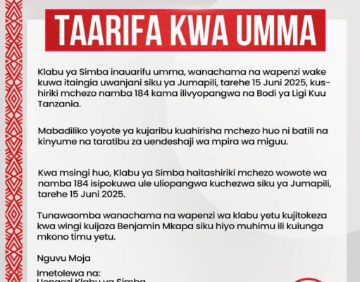 Simba yadai kutoshiriki mchezo mwingine na Yanga isipokuwa Juni 15.